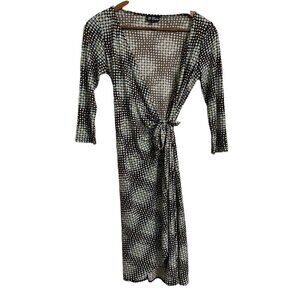 B. Calm Women's Blue Brown Y2K Stretch Long Sleeve Polka Dot Wrap Dress Size 6